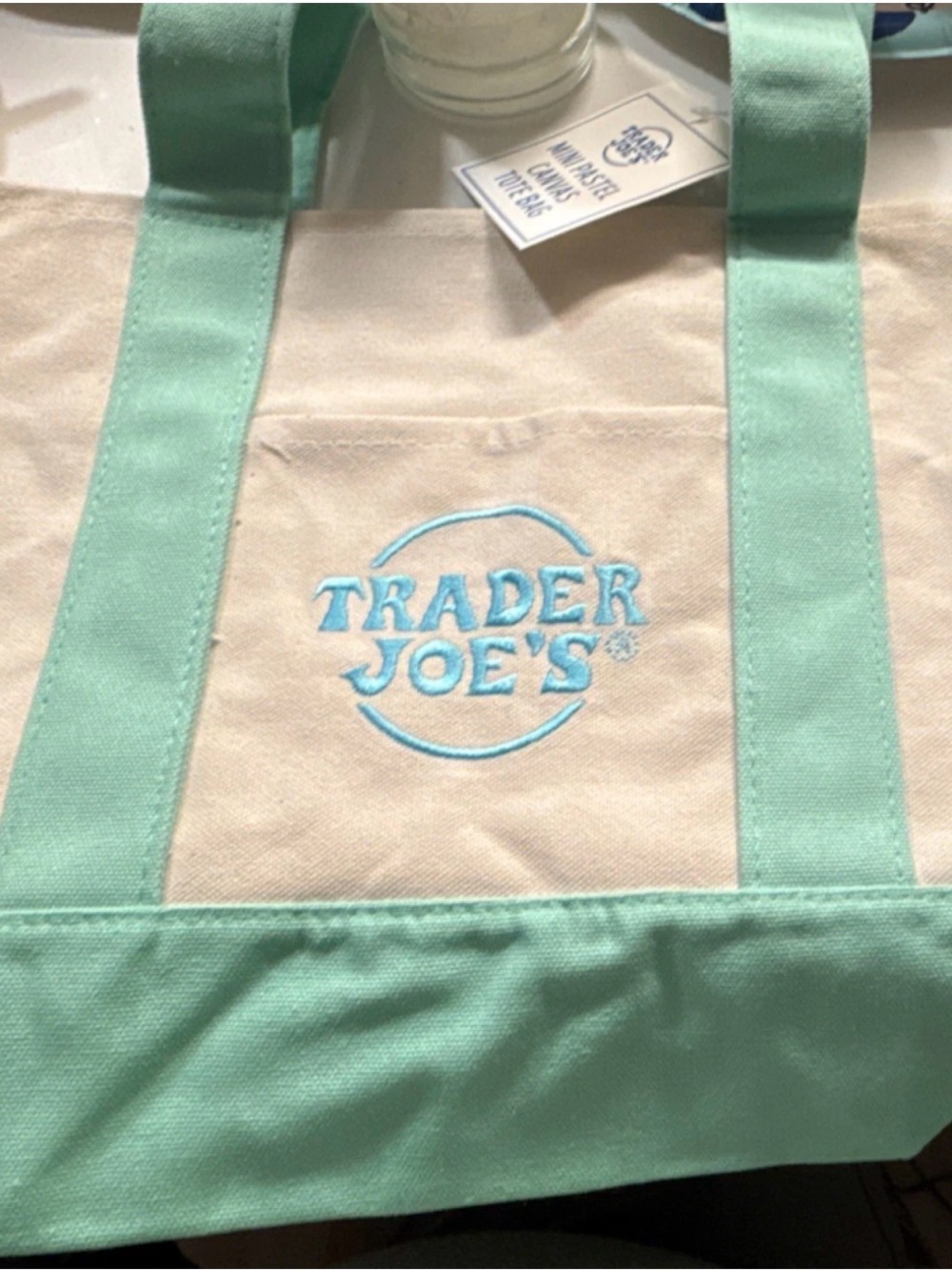 Trader Joe's Canvas Tote Bag in Mint and Cream